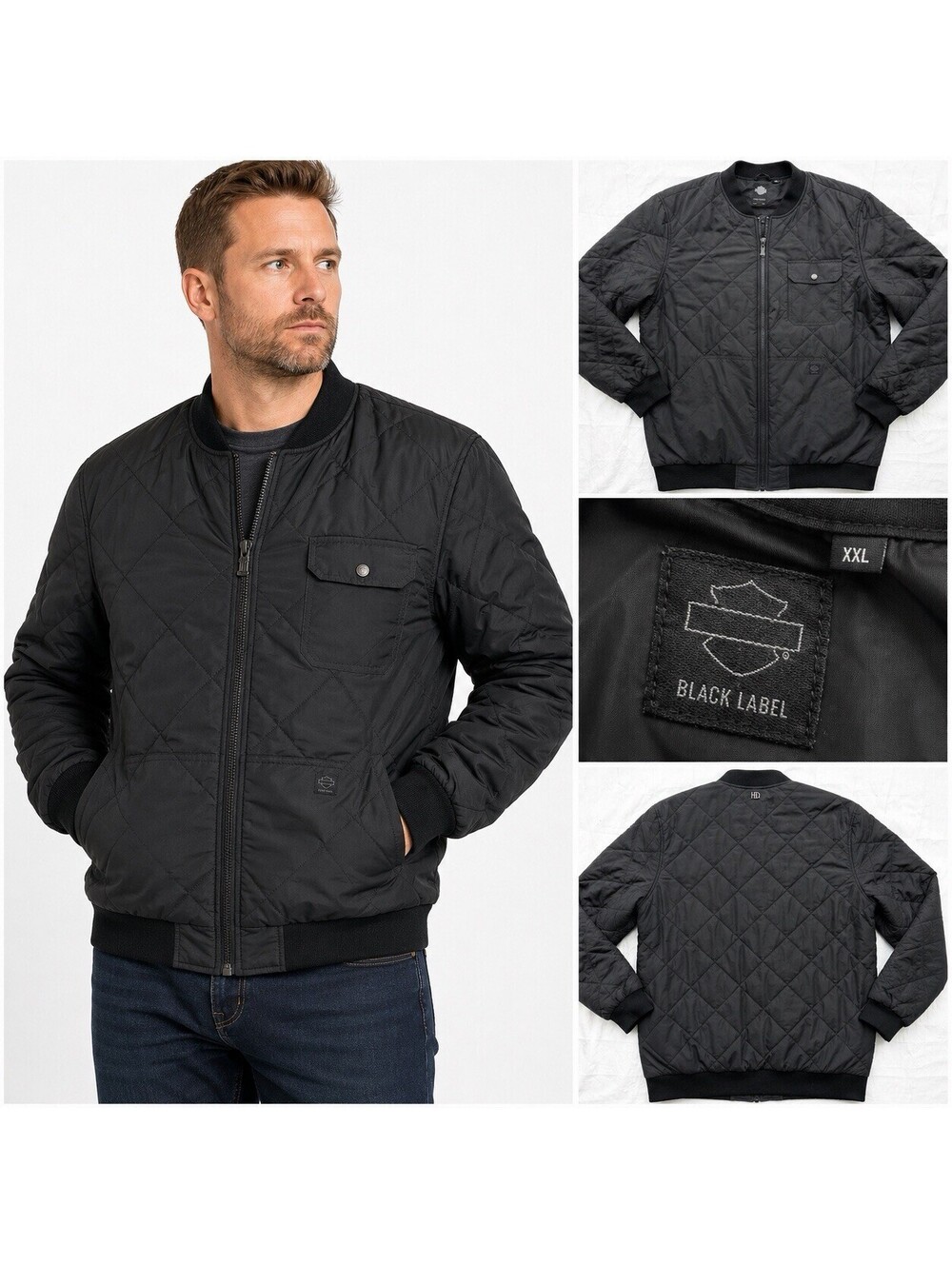 Harley-Davidson Black Label Men’s XXL Black Quilted Bomber Jacket Motorcycle 2X